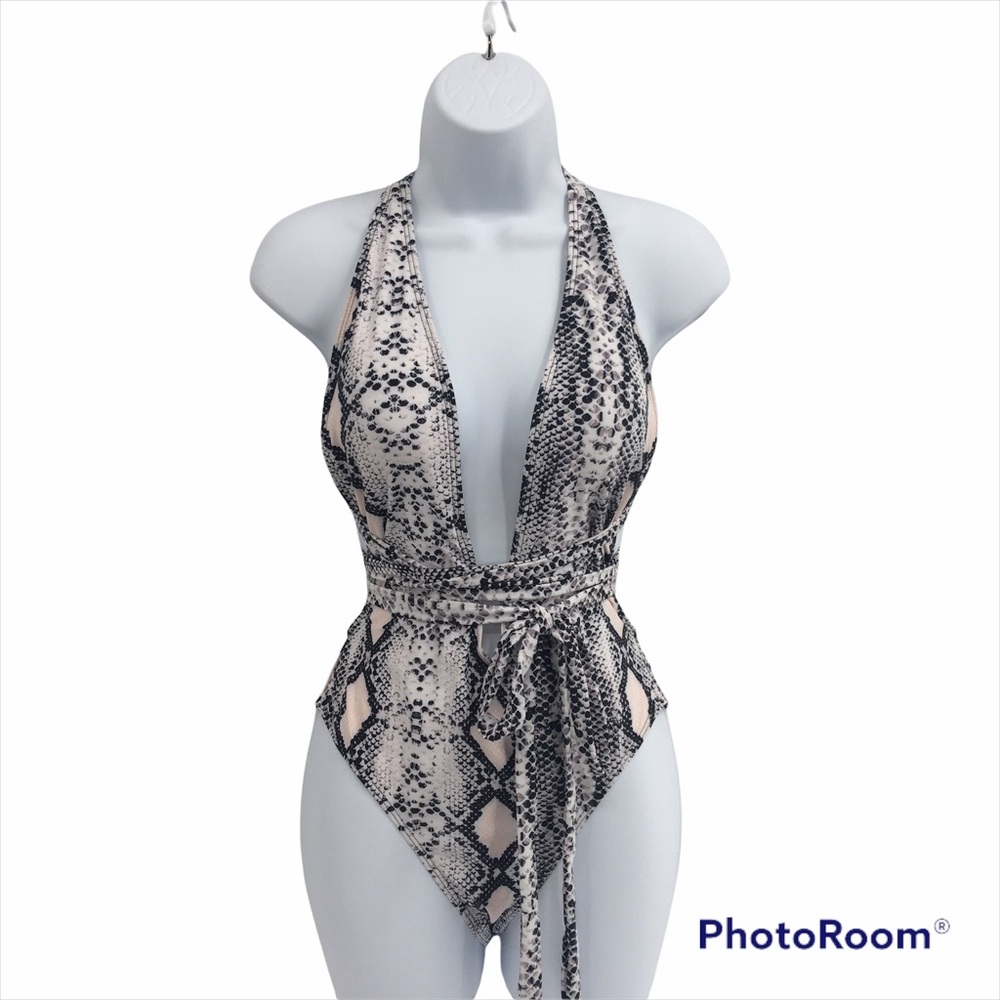 Sexy Deep V-Neck Backless Multi-way Wrap Swimsuit Snakeskin Taupe Black White M